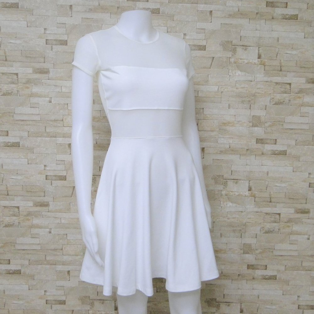 NWT White Fiona Ponte American Apparel Skater Dress Sheer Shoulders and Midrift - Picture 3 of 7